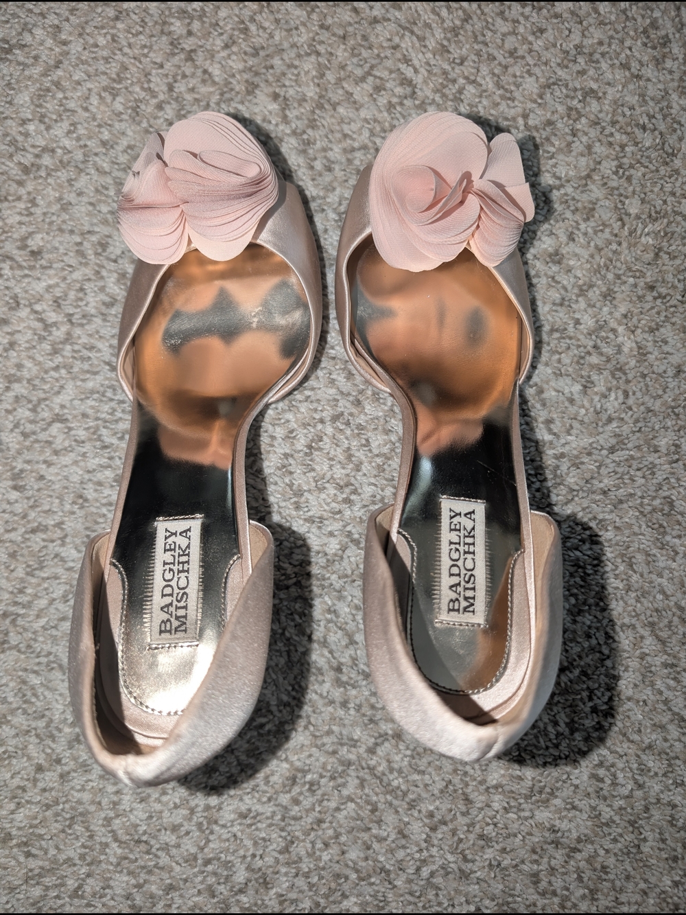 Badgley Mischka Pink Satin Peep-Toe Heels with Floral Accent - Picture 4 of 7